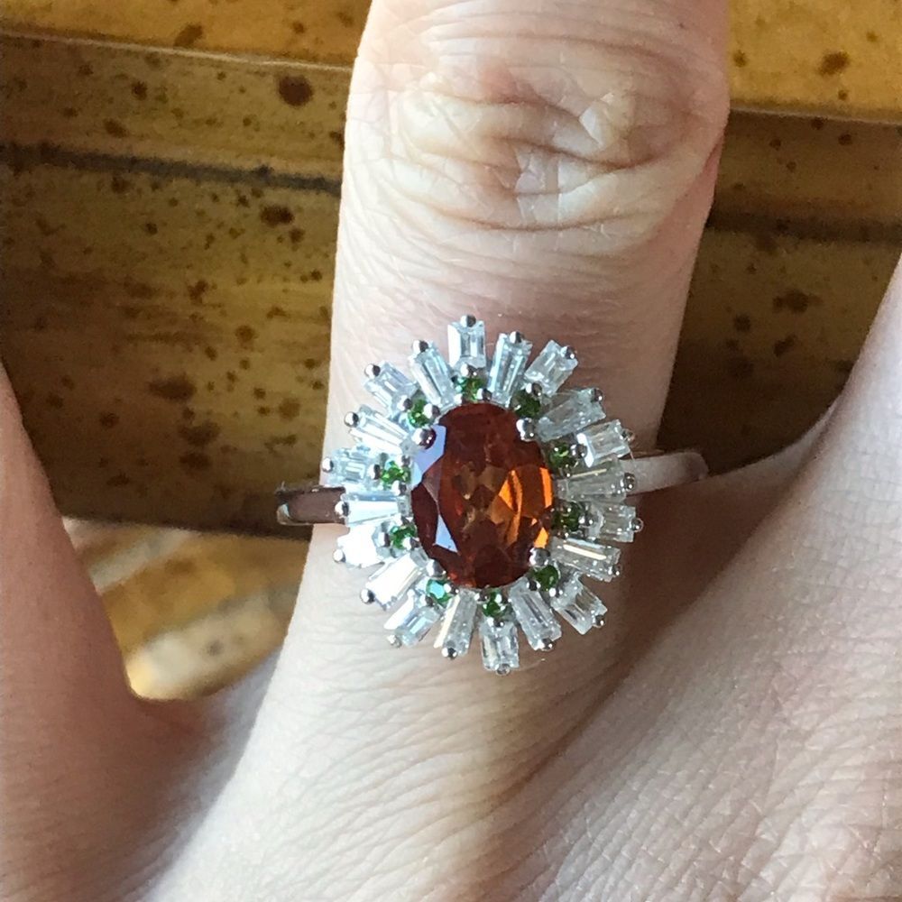 Natural Orange Garnet Moissanite Sterling Silver Ring Size 7